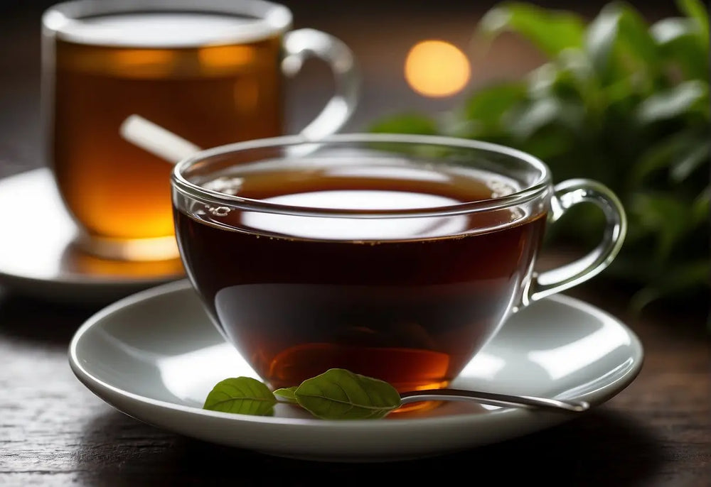 Two cups of black tea served on a wooden table for a healthy beverage discussion