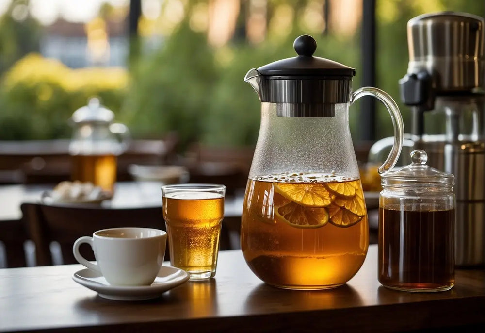 Glass pitcher with lemon slices for refreshing tea served to groups