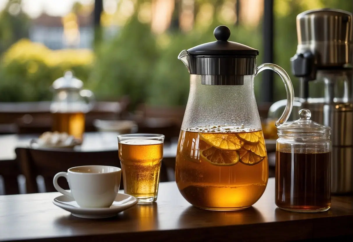 Glass pitcher with lemon slices for refreshing tea served to groups