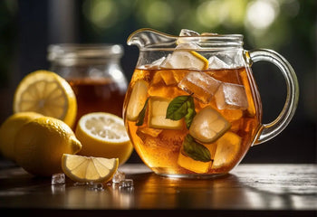 Iced tea pitcher with lemons, perfect for making a gallon of refreshing tea