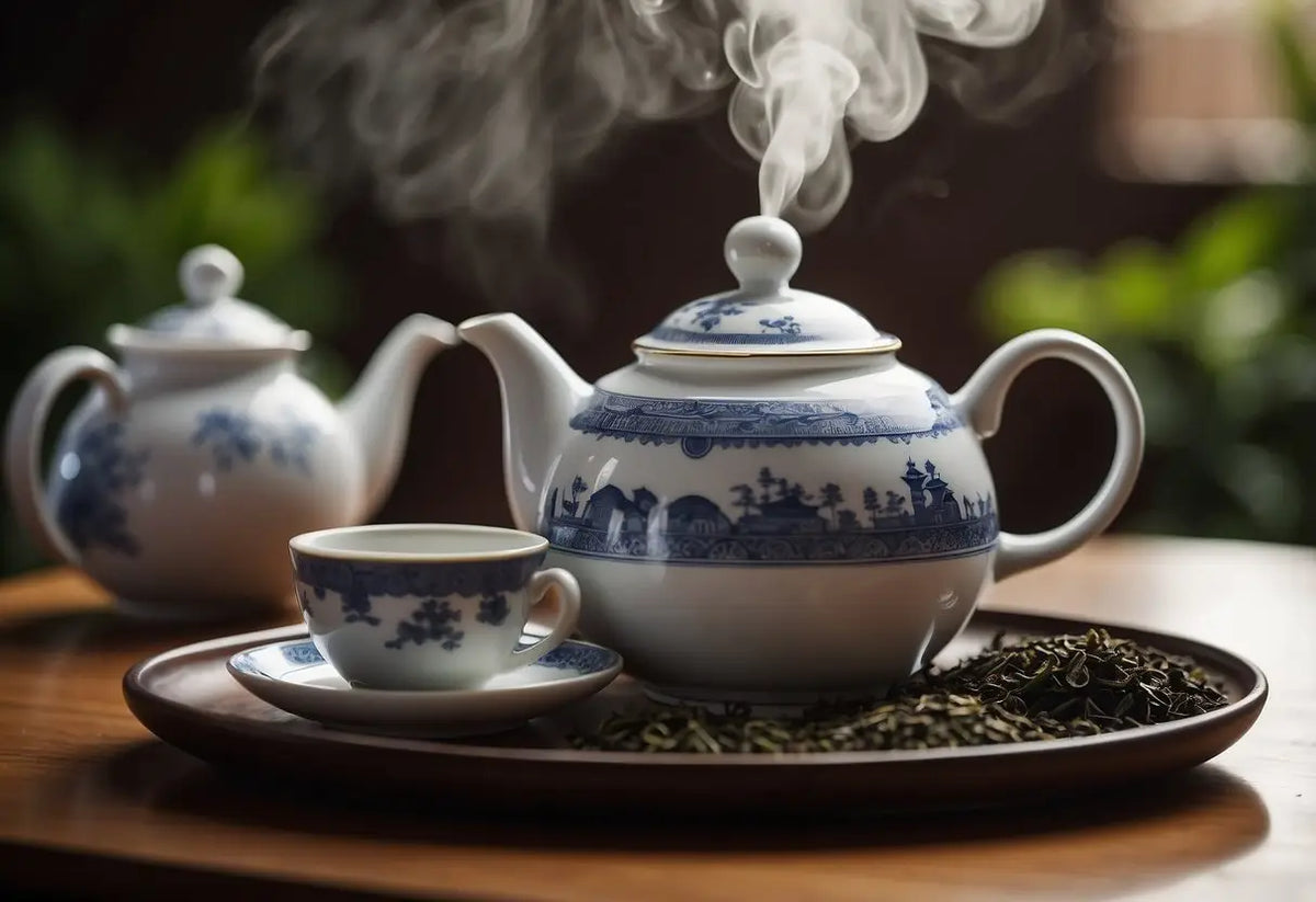 Blue and white porcelain tea set for steeping Pu Erh tea in an article