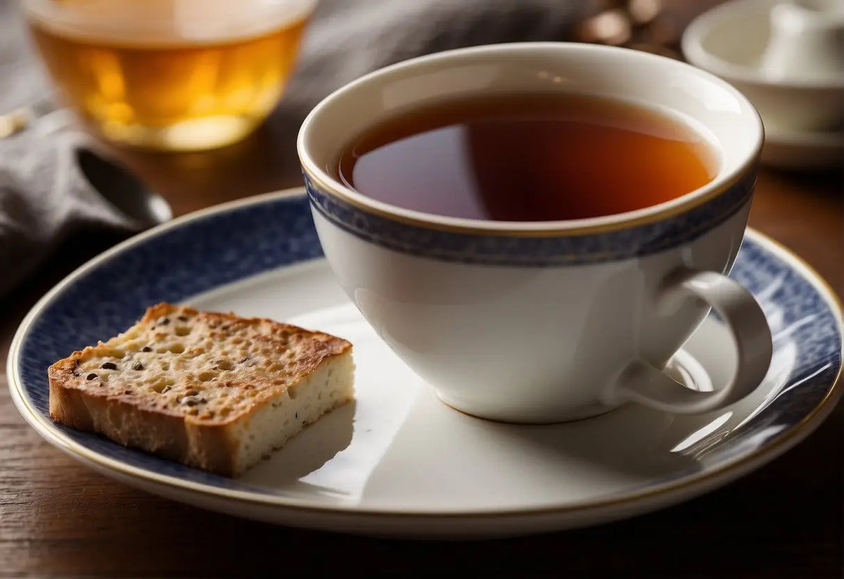 Tea cup with toast on a plate for breakfast in the article about English Breakfast Tea caffeine