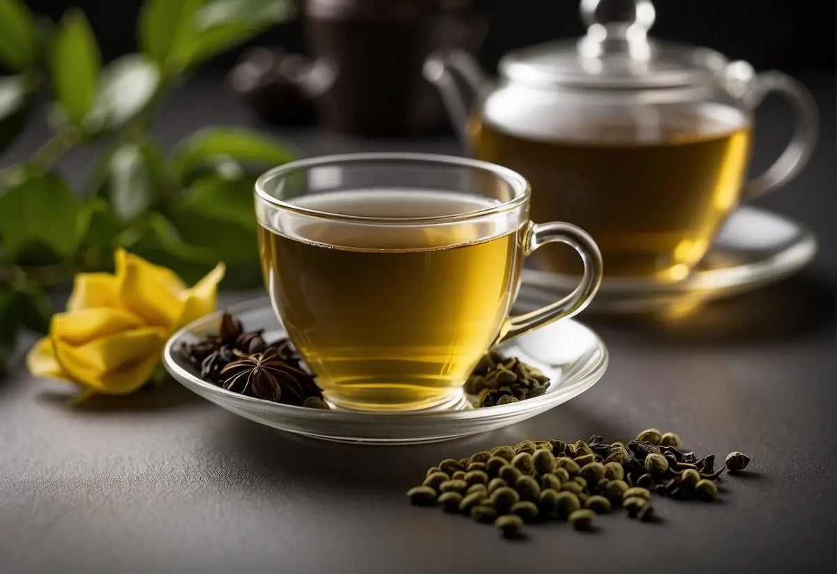 Clear glass teacup filled with golden white tea on a wooden table