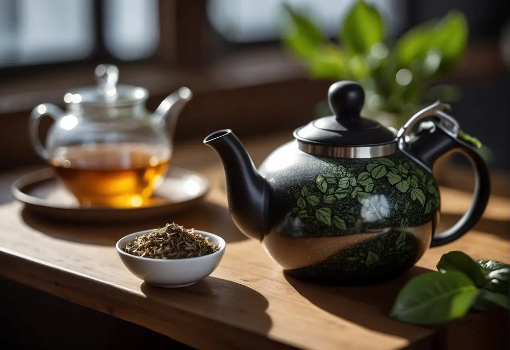 Green leaf-patterned teapot displayed in an article about how much loose tea per cup