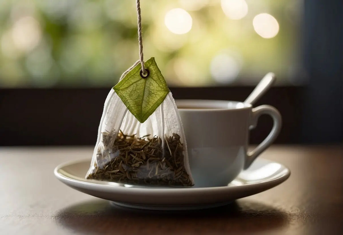 Tea bag with leaf tag for the article How Much Tea Is in a Tea Bag