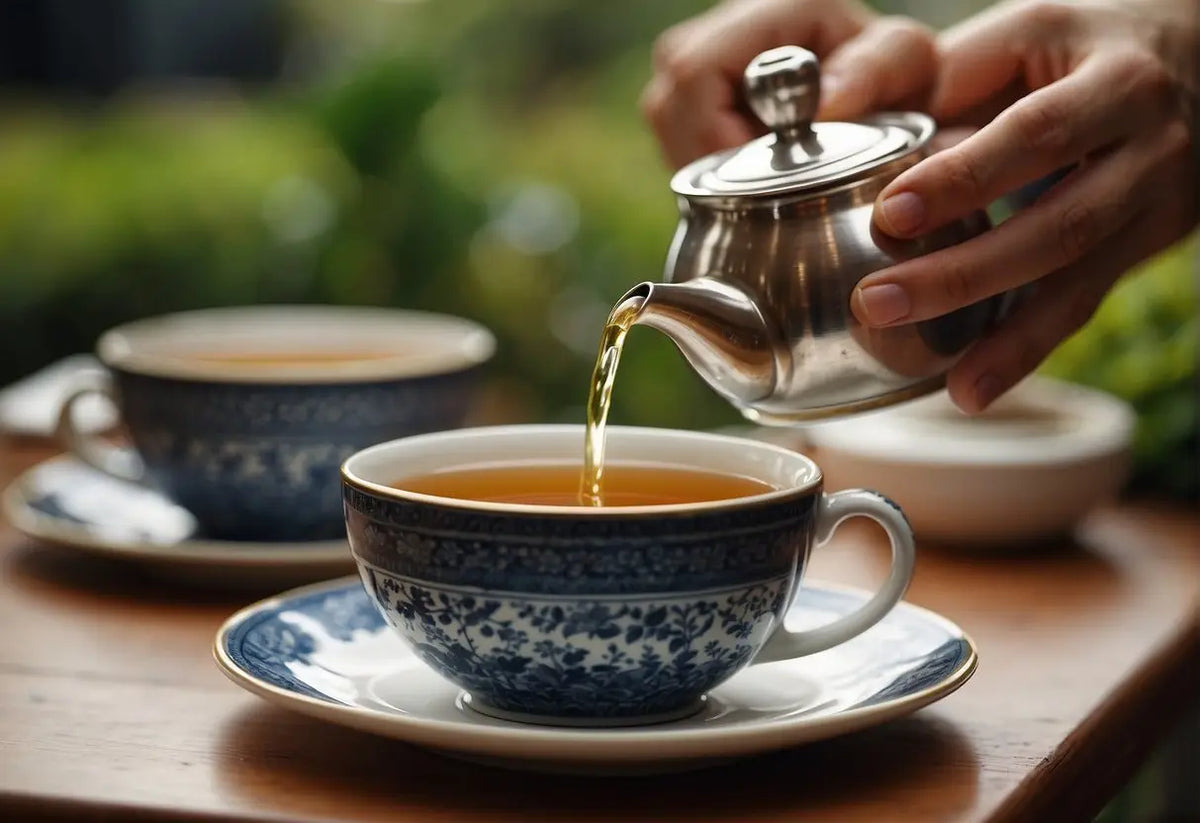 Tea being poured into a blue and white cup for an article about tea consumption limits