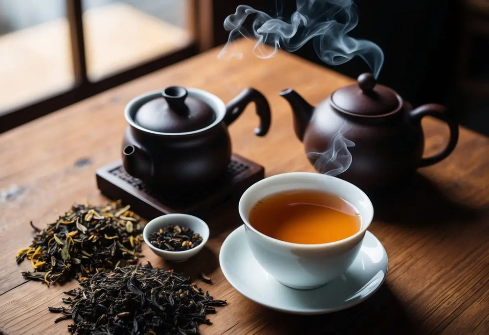 Steaming tea set used for Pu Erh tea in a traditional setting for aging and brewing