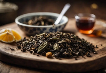 Loose leaf tea with lemon for Pu-erh tea brick preparation in an instructional article