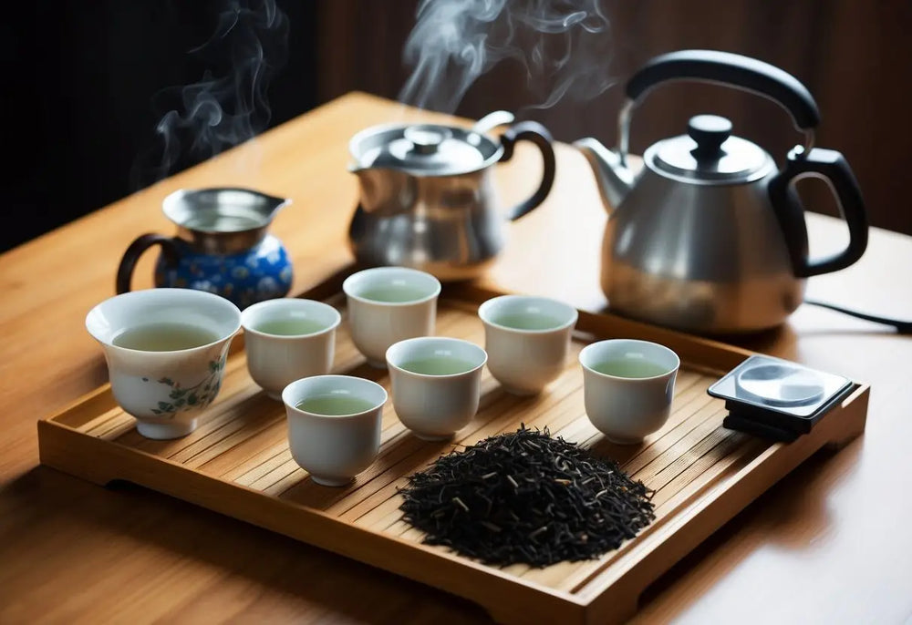 Tea service with steaming kettles for Gongfu Style Pu Erh Tea brewing