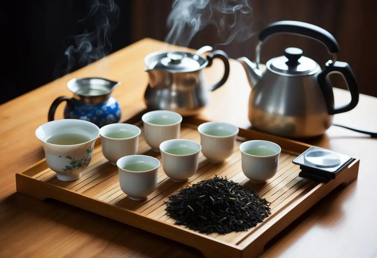 Tea service with steaming kettles for Gongfu Style Pu Erh Tea brewing
