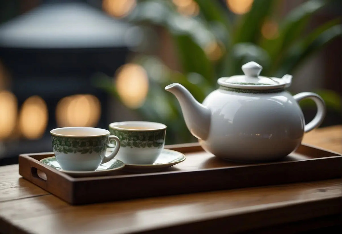 Tea set on a tray used for brewing Oolong Tea in a step-by-step guide