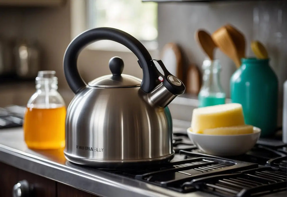 Stainless steel tea kettle used for boiling water in a cleaning article