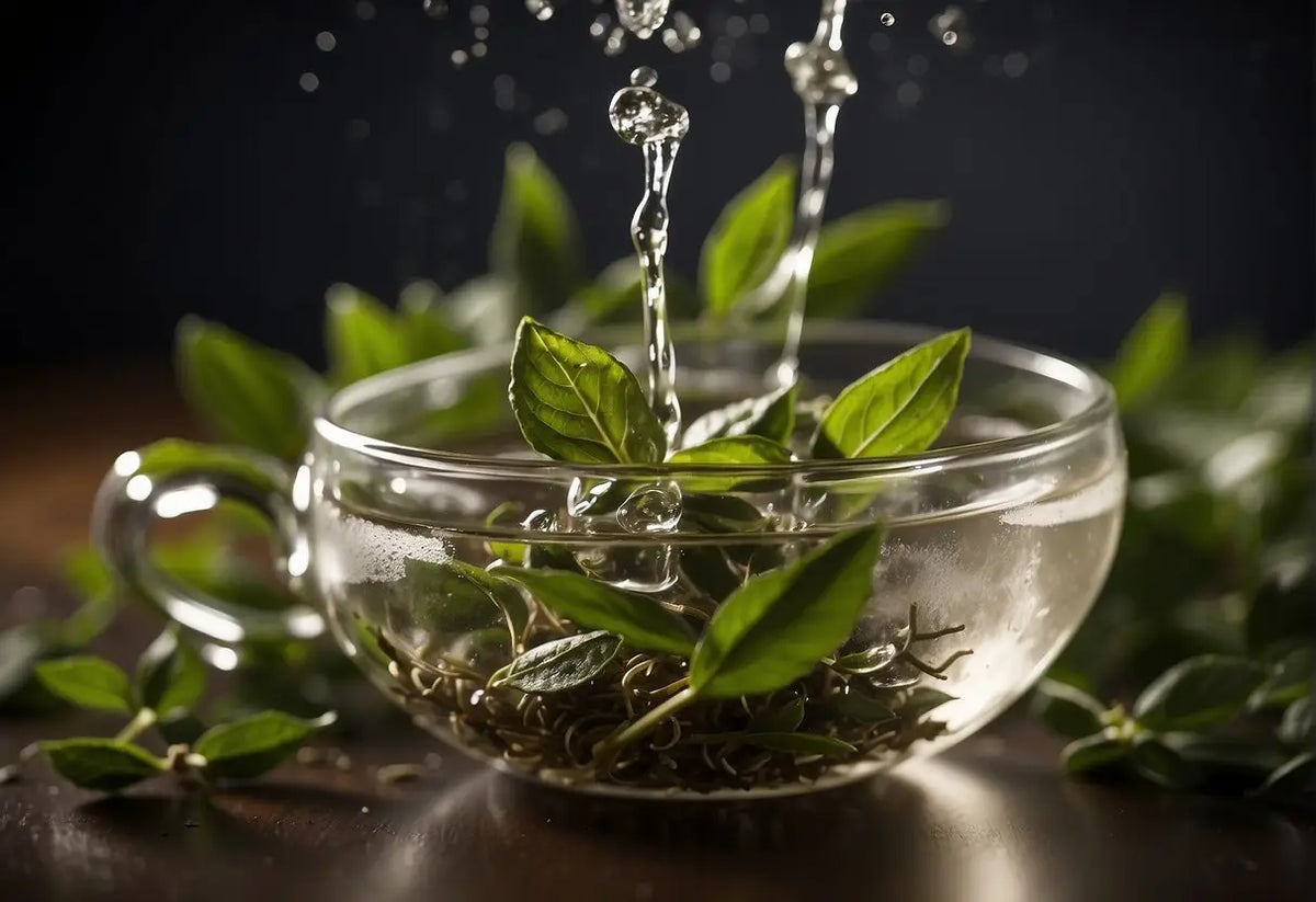 Clear glass teacup with herbs and pouring water for decaffeinating tea