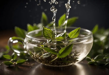 Clear glass teacup with herbs and pouring water for decaffeinating tea