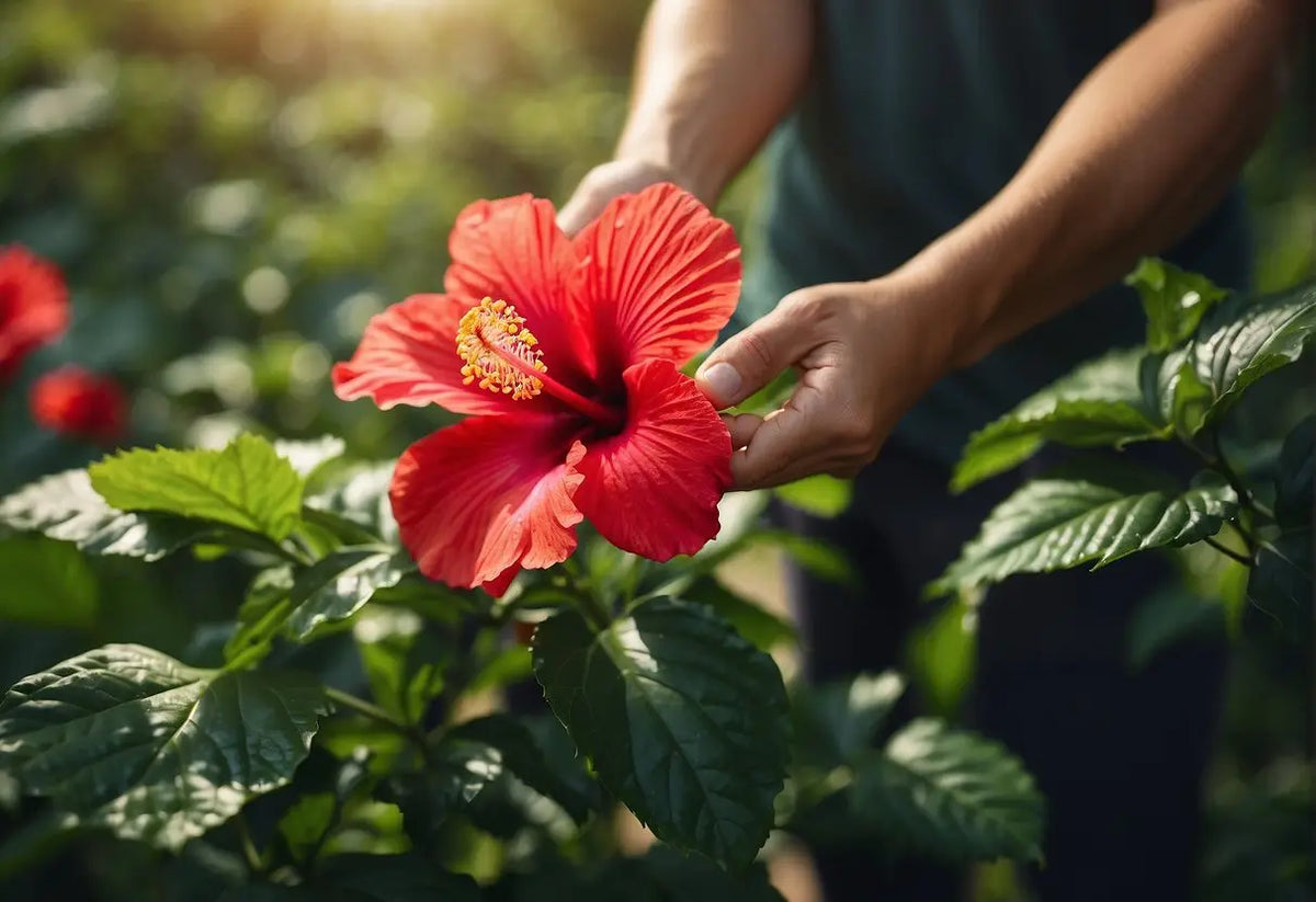 Vibrant red Hibiscus flower in full bloom for tea harvesting shown in an article