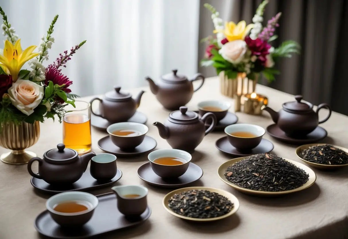 Tea service with teapots cups and loose Pu Erh tea for a tasting party
