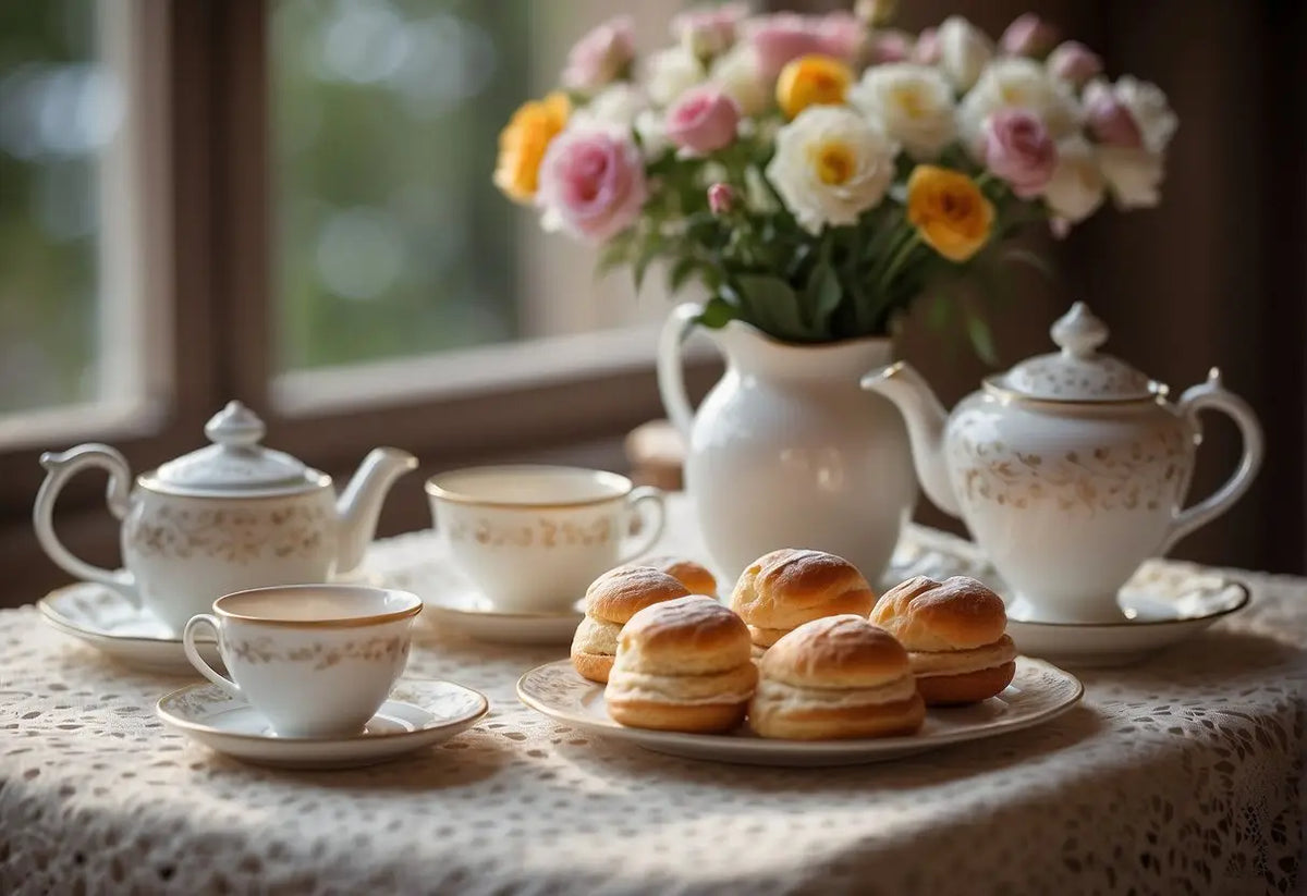 Elegant tea set with cream-filled buns for hosting a Perfect Tea Party