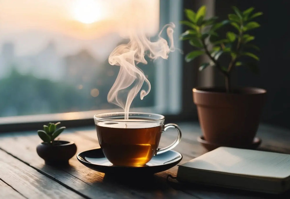 Steaming cup of Pu Erh tea on a wooden table for wellness routine article