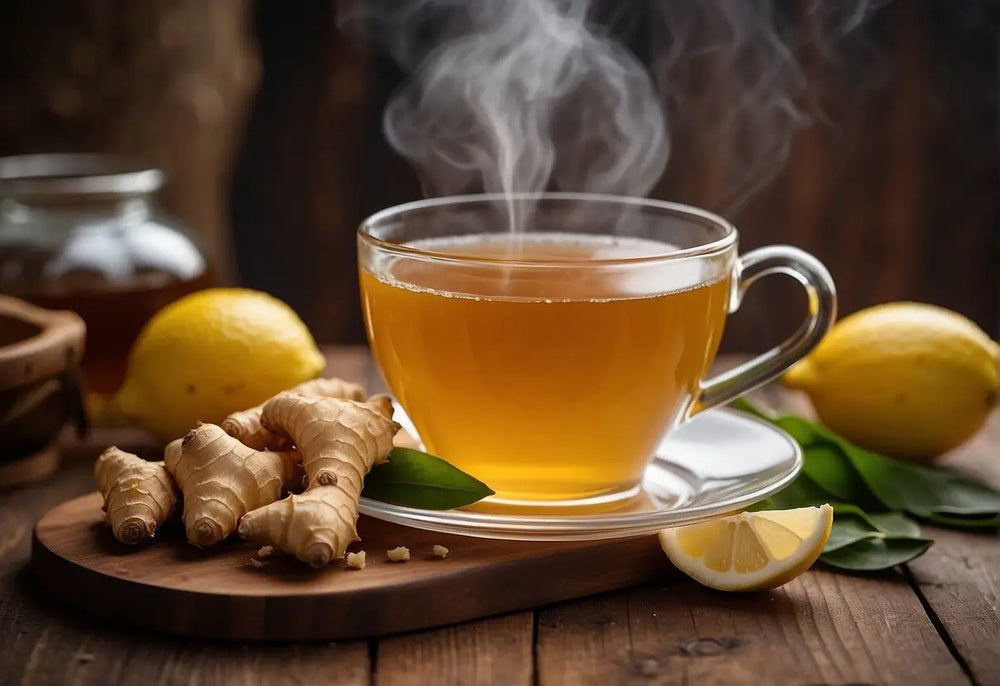 Steaming cup of ginger lemon tea on a table illustrating How to Make Ginger Tea article