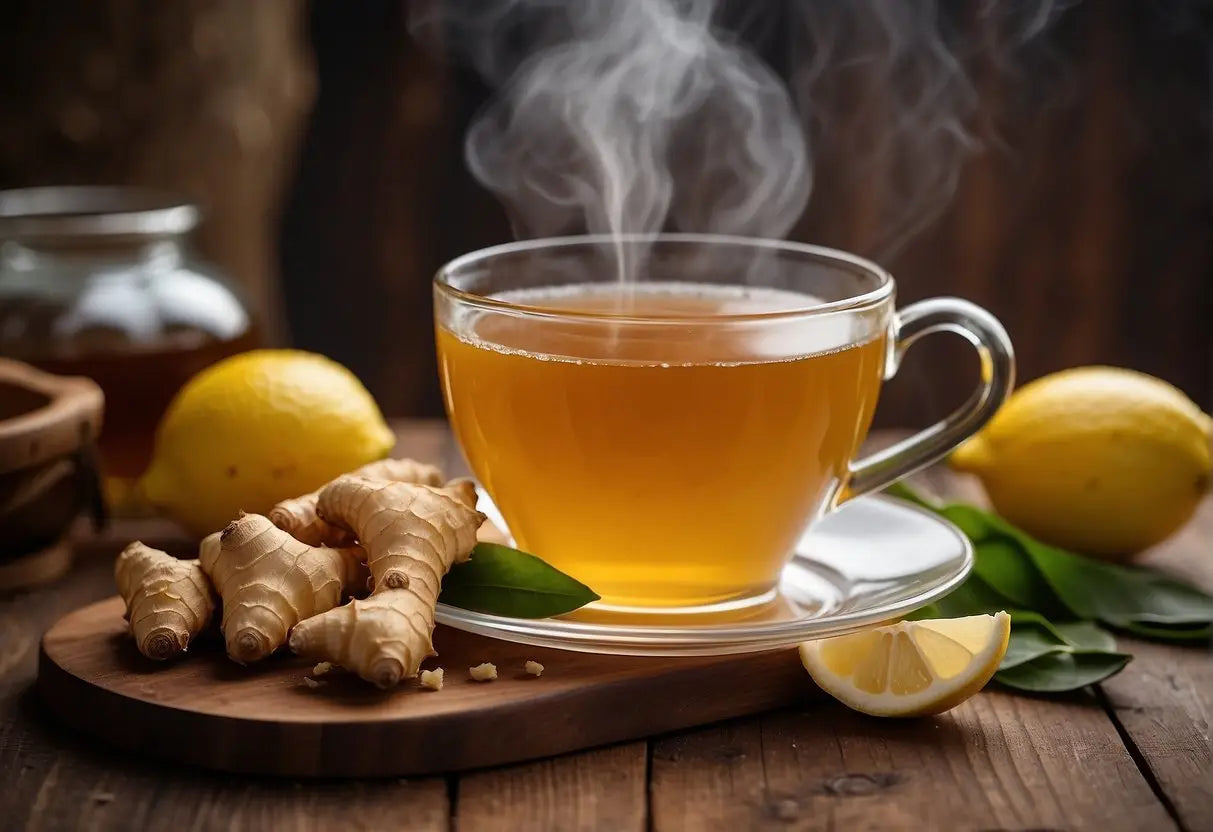 Steaming cup of ginger lemon tea on a table illustrating How to Make Ginger Tea article