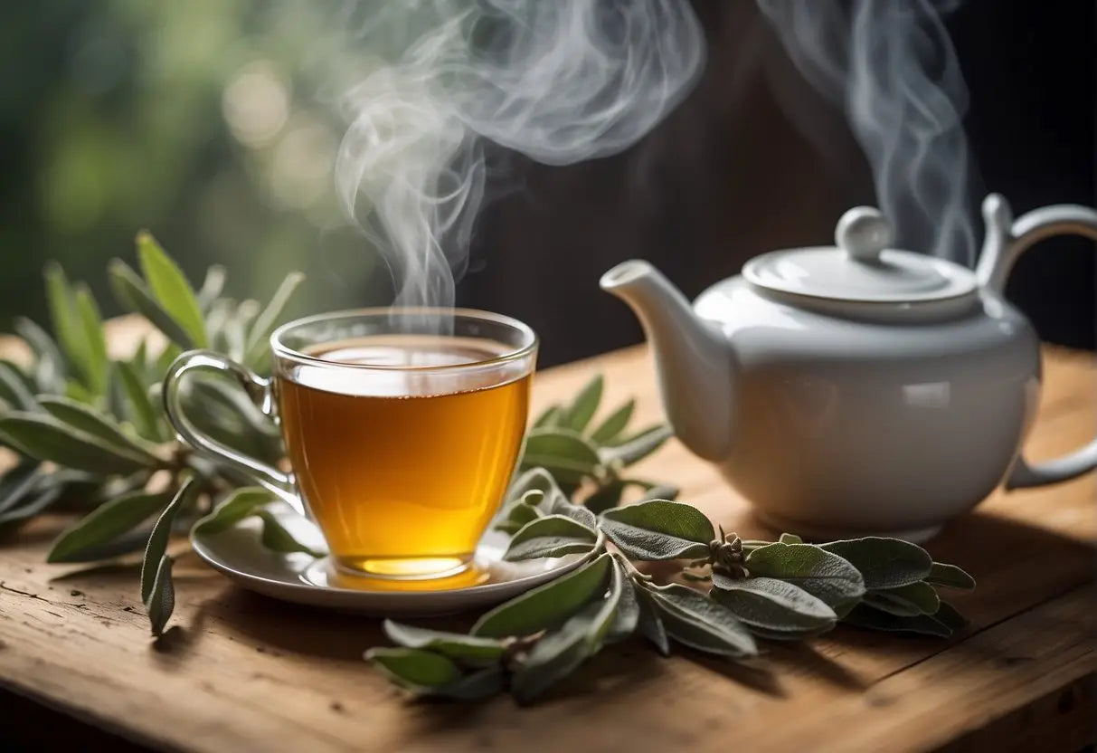 Steaming cup of Sage Tea with Teapot for making Sage Tea article