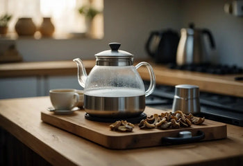 Glass and stainless steel kettle used for making Shroom Tea in a tutorial article