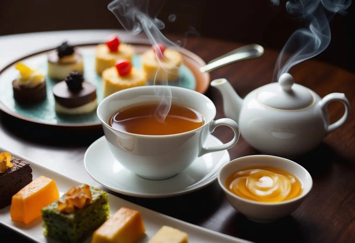 Elegant tea service with pastries displayed for pairing Pu Erh tea in an article