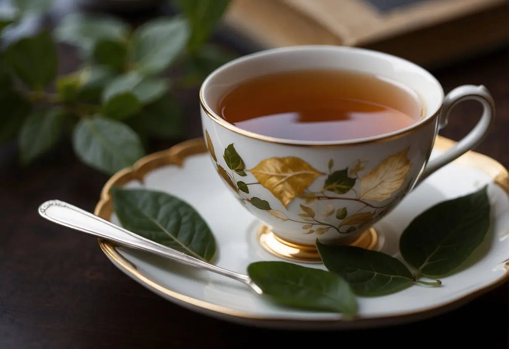Elegant teacup with golden accents for reading tea leaves in the article How to Read Tea Leaves