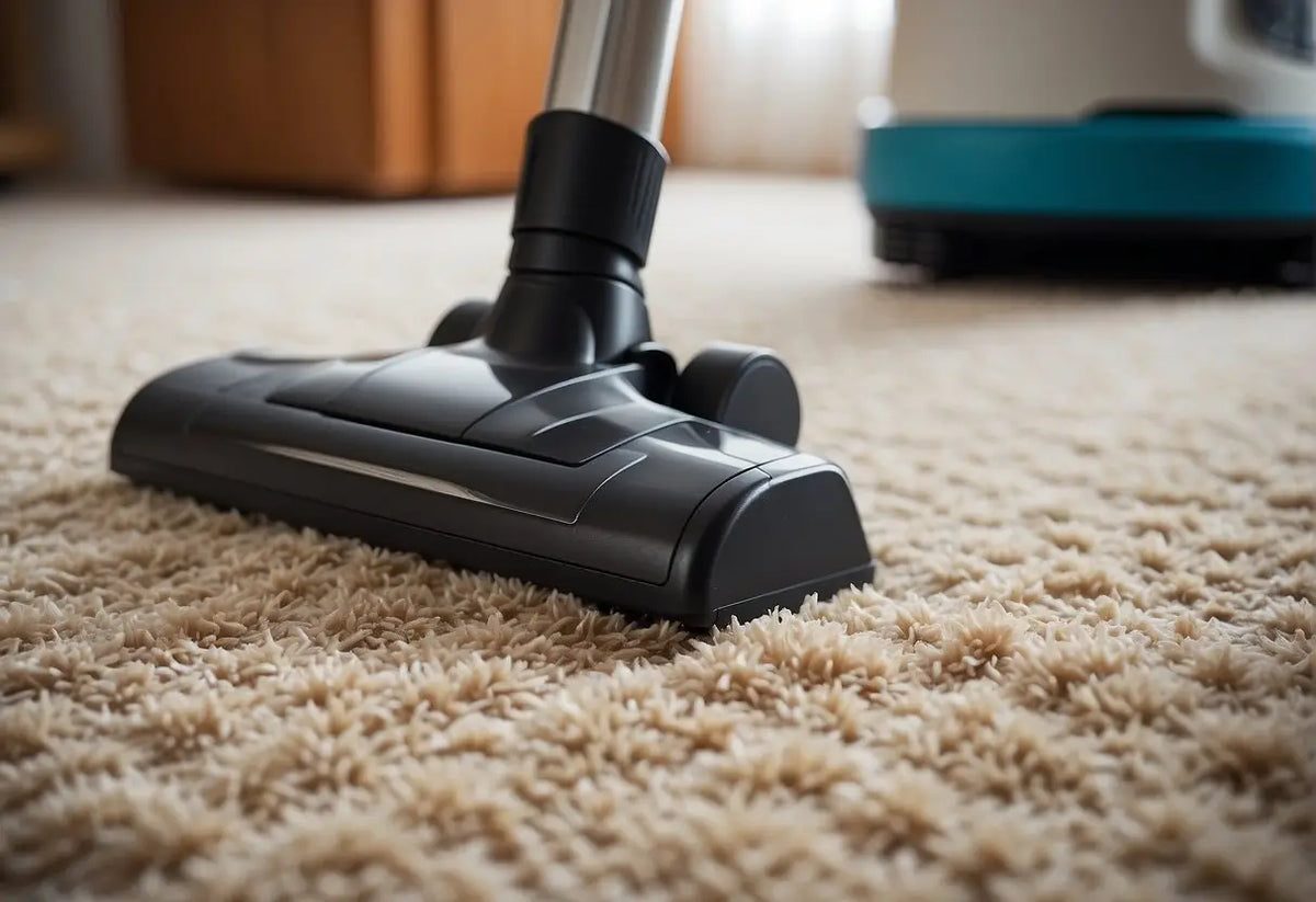 Vacuum cleaner head positioned on carpet for effective cleaning in How to Remove Tea Stains from Carpet article