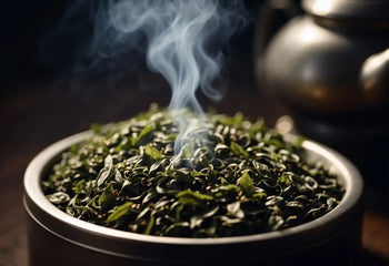 Steaming pile of loose Green Tea leaves for smoking in an article about how to smoke tea