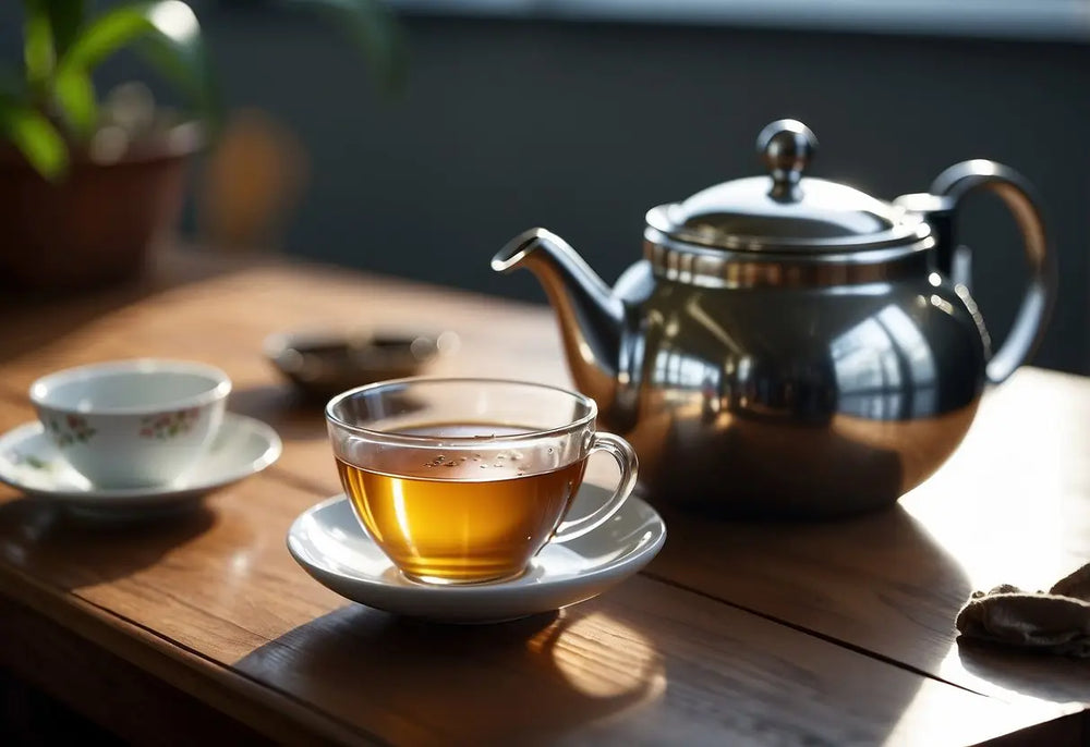 Tea service with a clear cup showcasing steeped loose leaf tea for perfect brewing steps