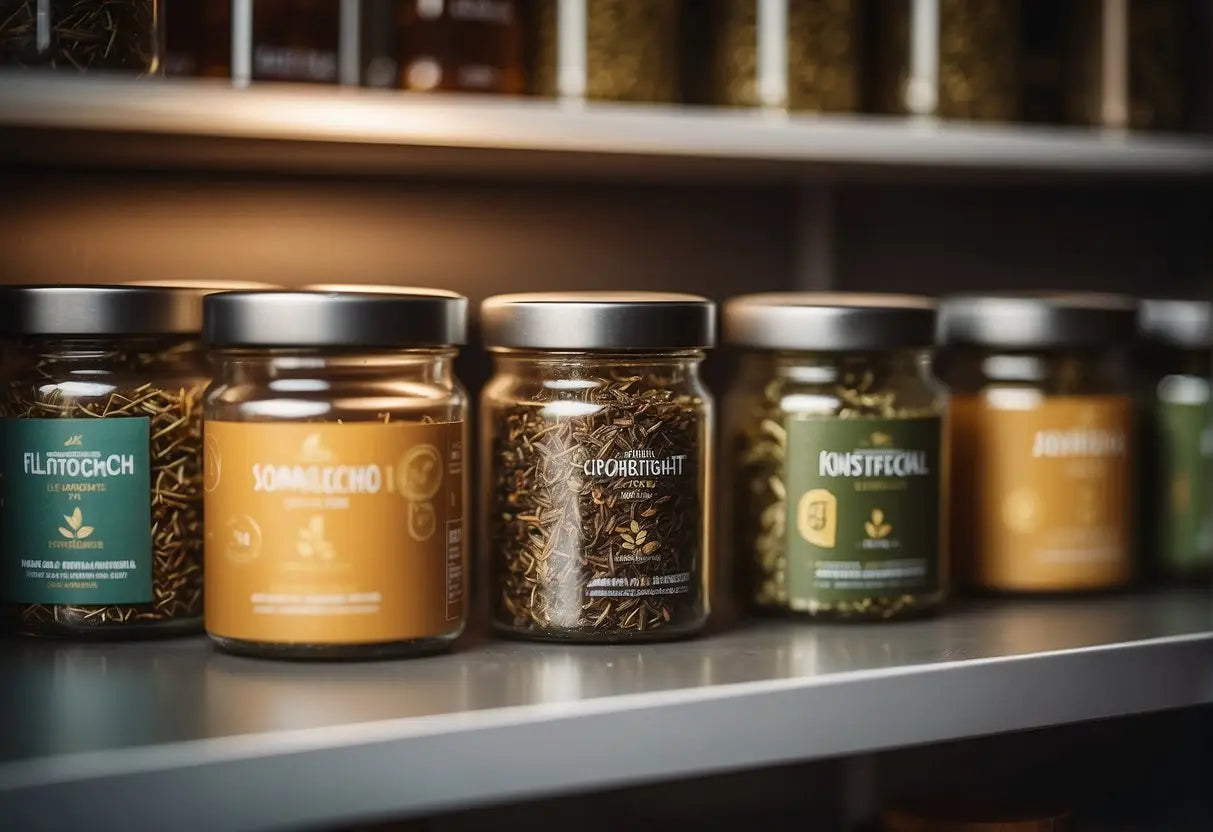 Jars of dried herbs stored on a shelf for fresh loose leaf tea preservation