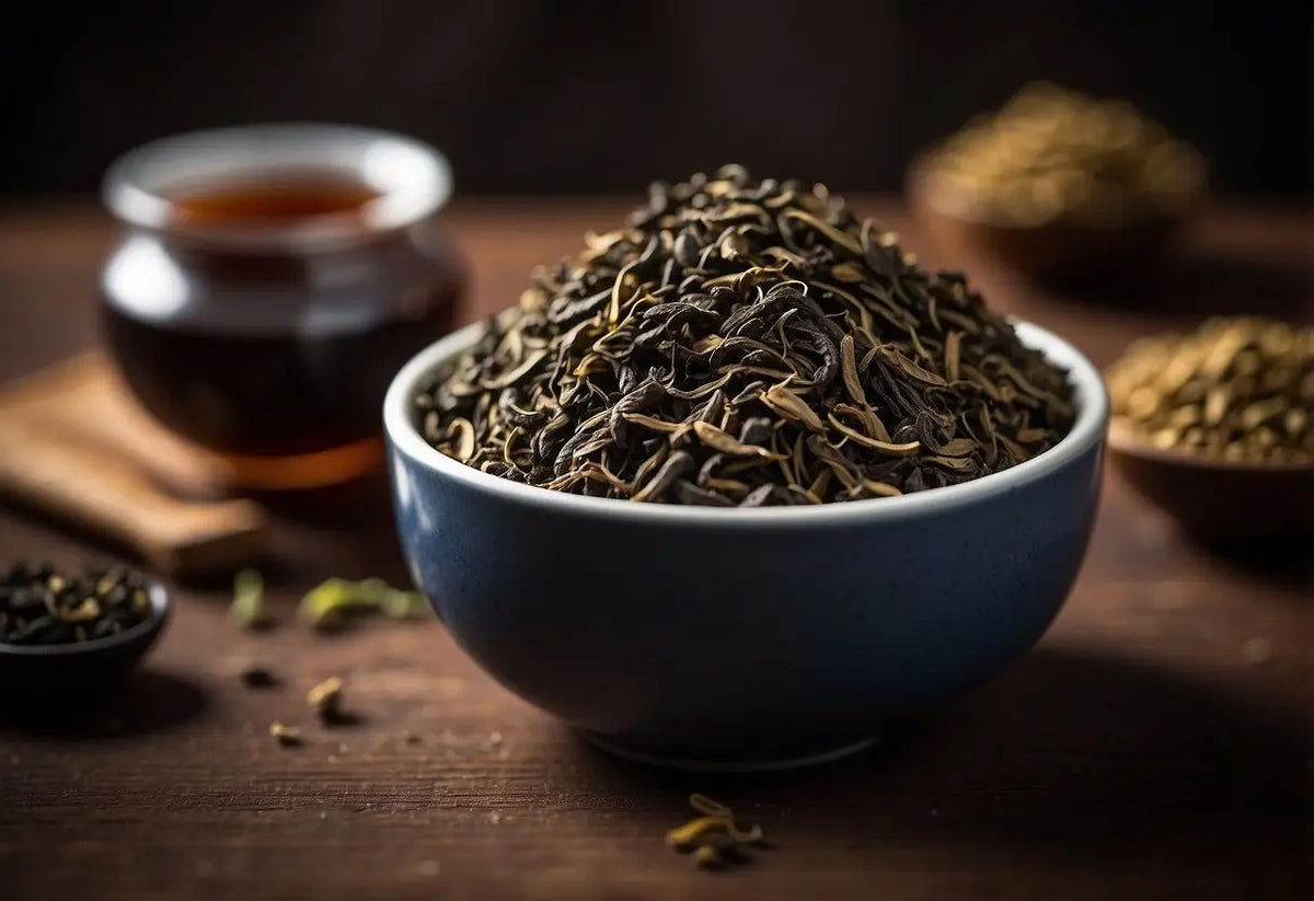 Loose leaf tea in a blue bowl for storing Pu Erh Tea article