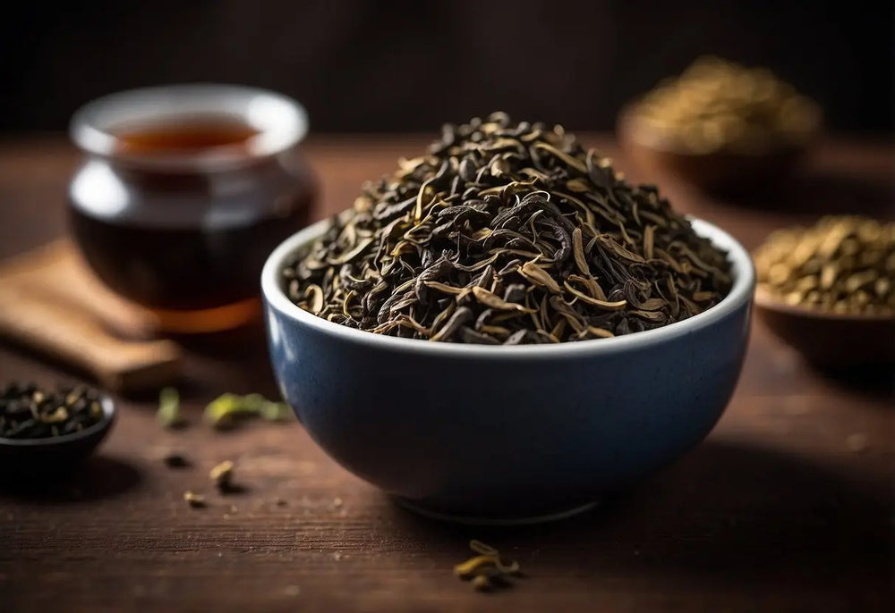 Loose leaf tea in a blue bowl for storing Pu Erh Tea article