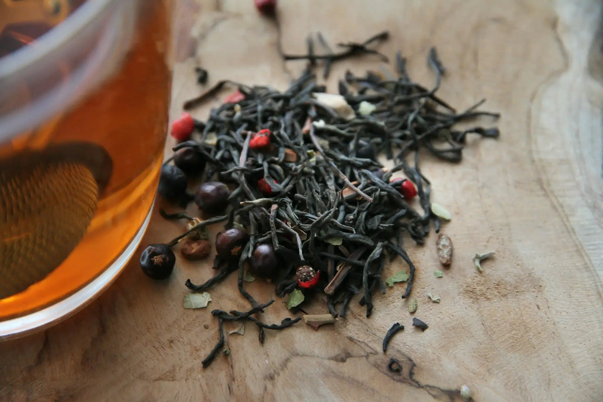 Loose leaf black tea blend in a tea infuser for brewing Perfectly aromatic tea