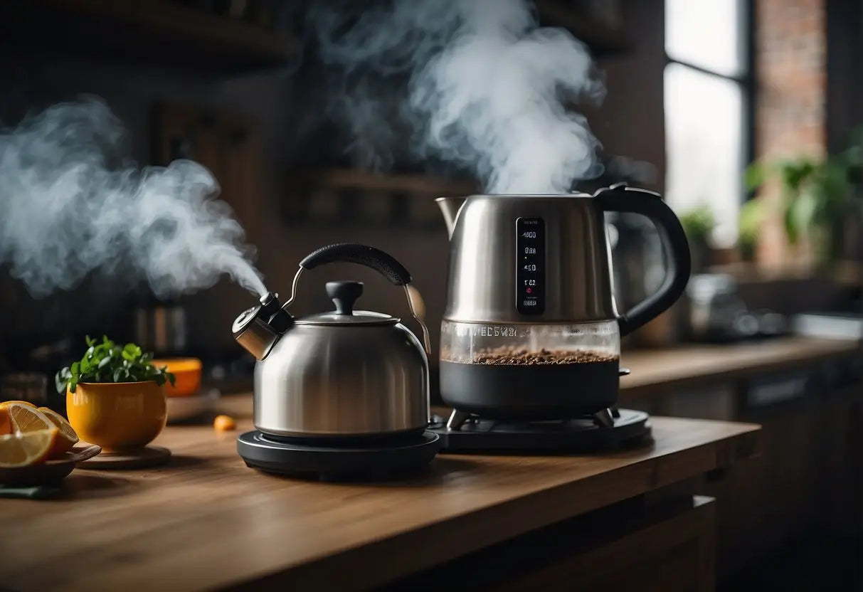 Two steaming tea kettles ready for boiling on a stove in an article about using a tea kettle