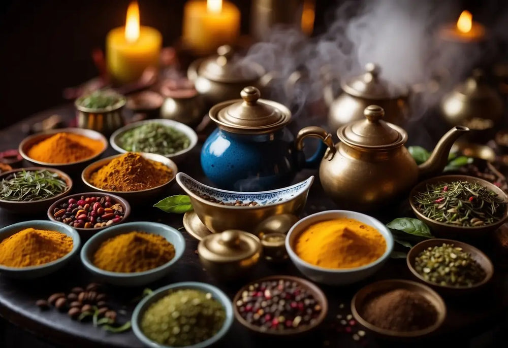 Assorted spices and traditional Indian teapots in an article about Indian Teas