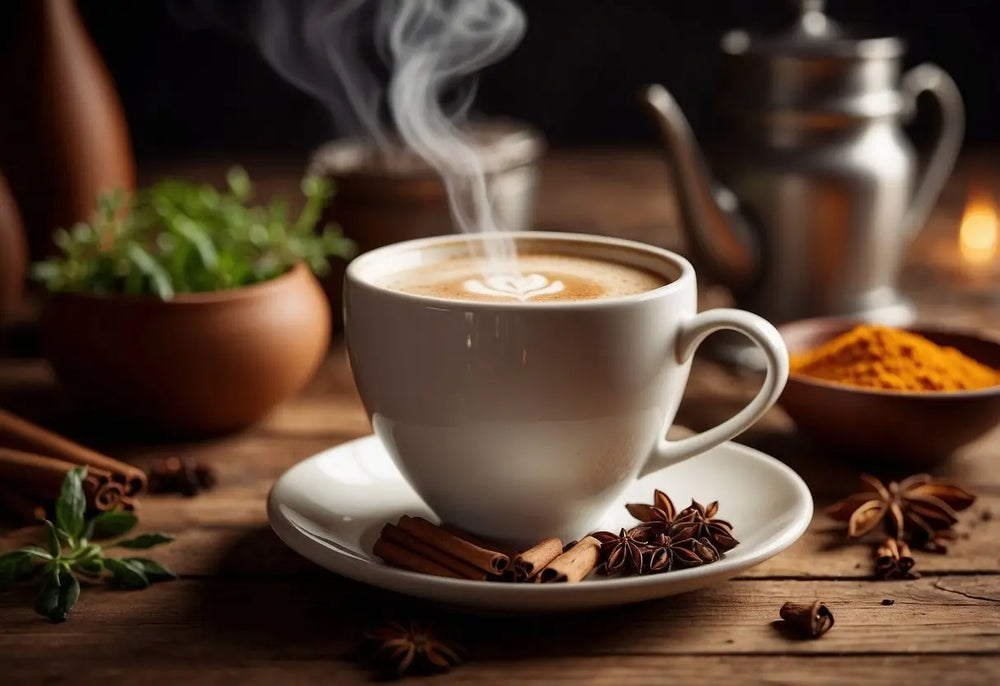 Steaming cup of Latte Art in a cozy cafe setting for Chai Tea Latte health article