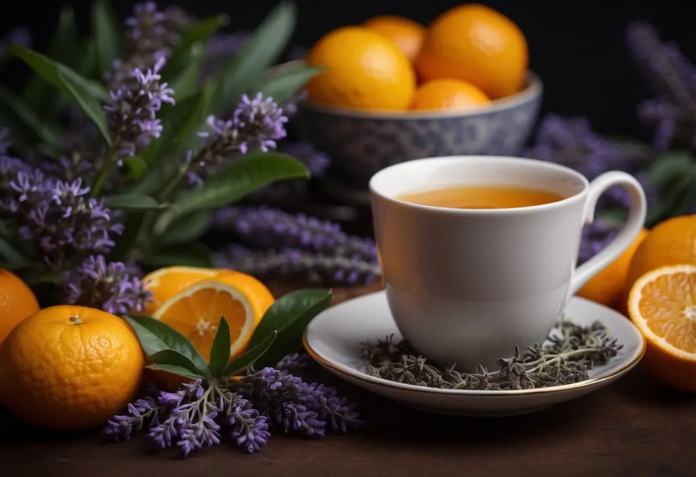 White teacup with saucer next to a teapot for Earl Grey Tea health benefits article