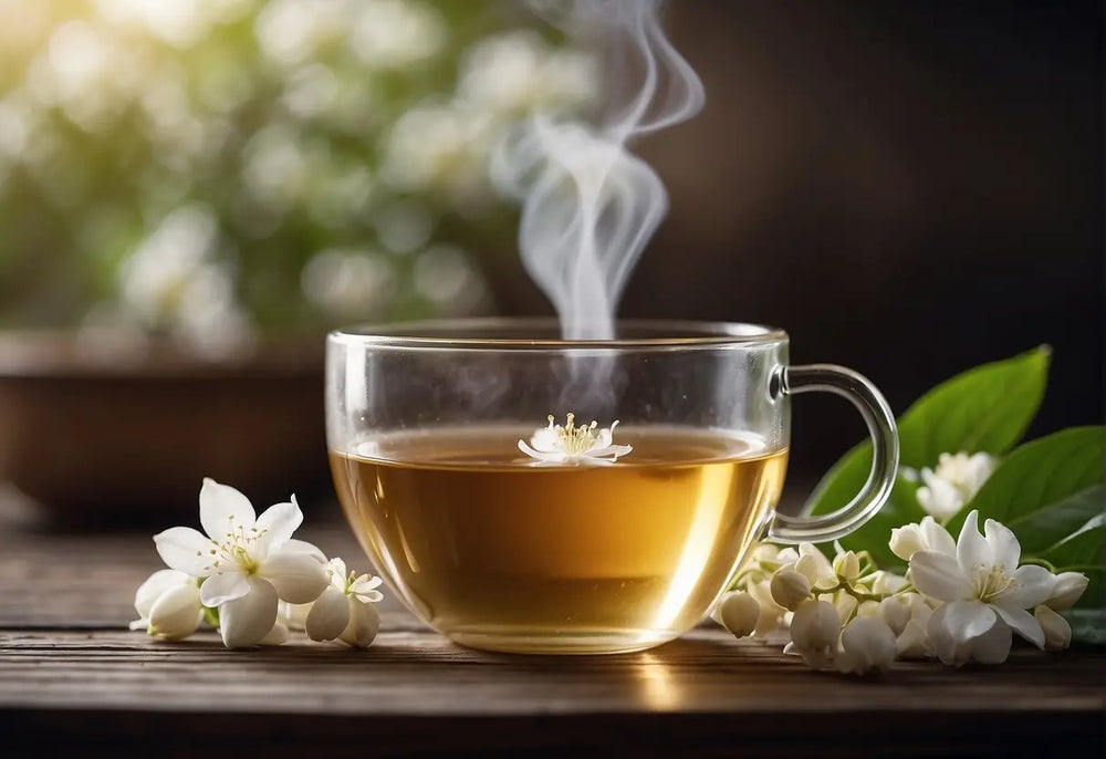 Steaming cup of jasmine tea in a cozy setting for herbal tea article