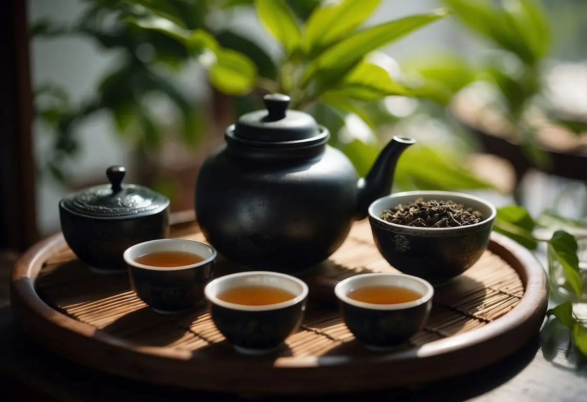 Black tea set on bamboo tray display in article about Oolong Tea versus Black Tea
