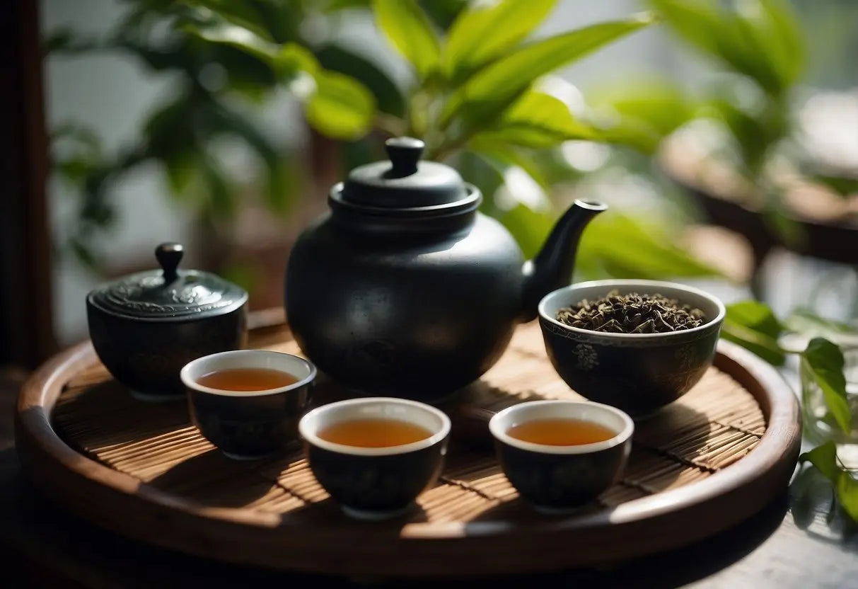 Black tea set on bamboo tray display in article about Oolong Tea versus Black Tea