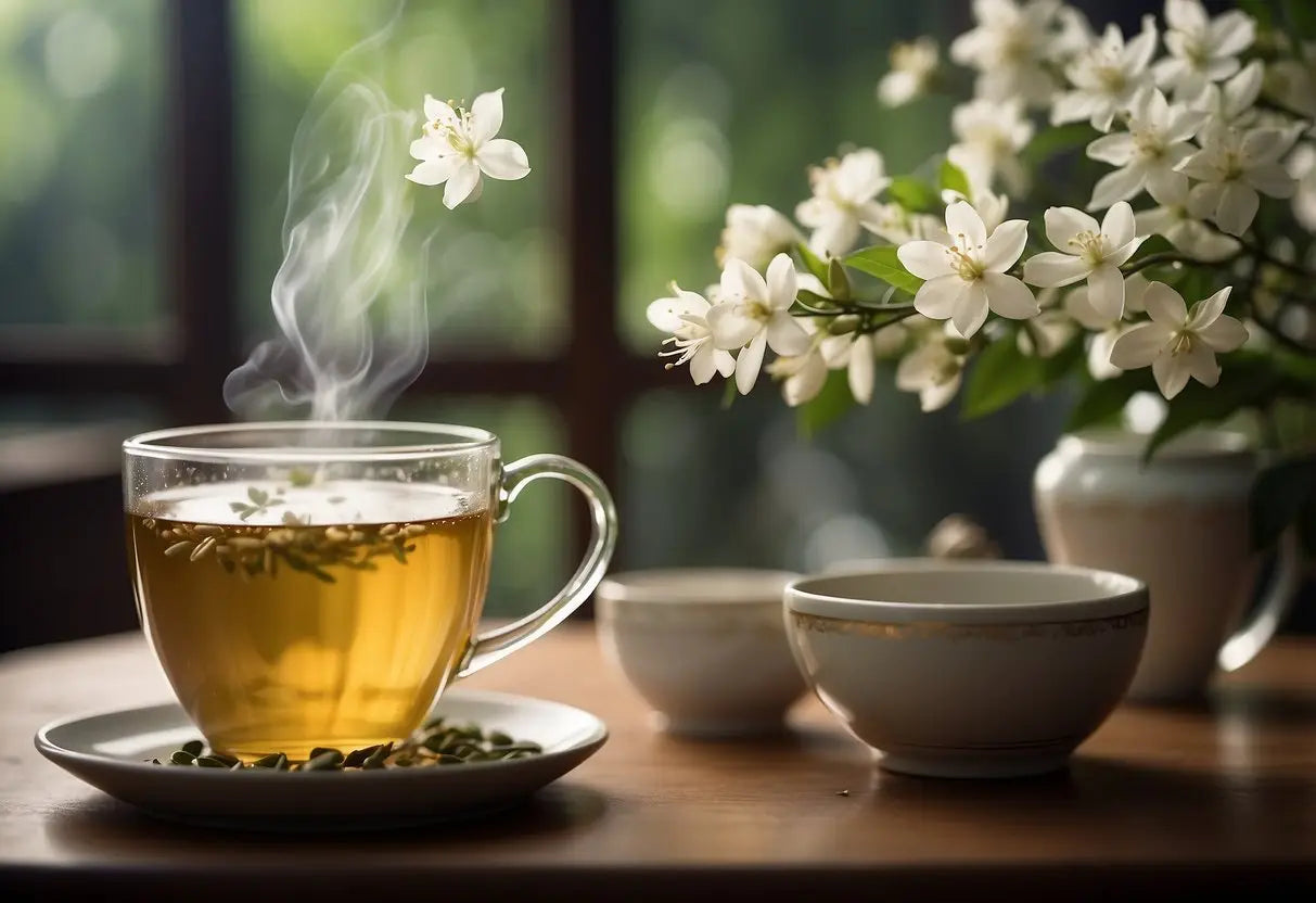 Steaming cup of Jasmine herbal tea in a cozy setting for health benefits article