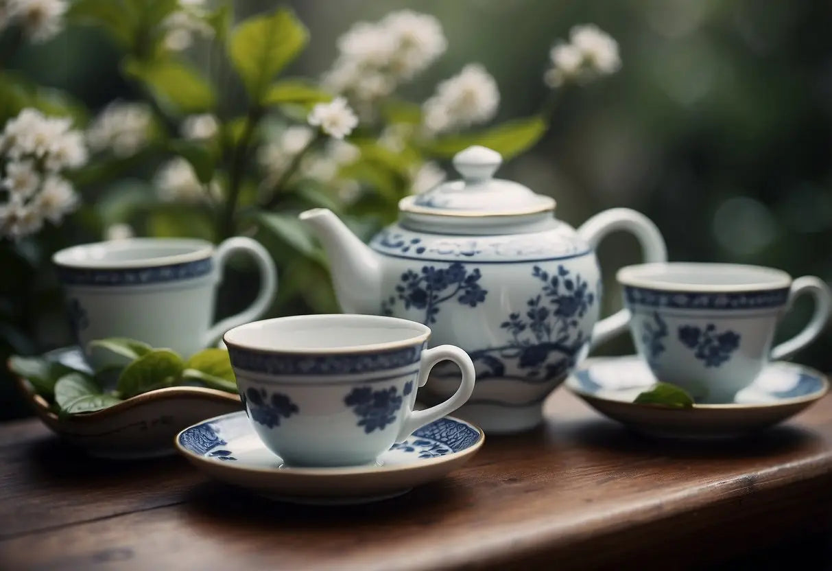 Blue and white floral tea set displayed for Lady Grey vs Earl Grey article