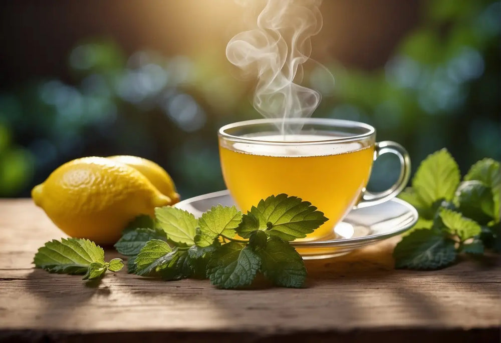 Steaming Lemon Tea with Fresh Mint Leaves in a glass cup for Lemon Balm Tea Recipe