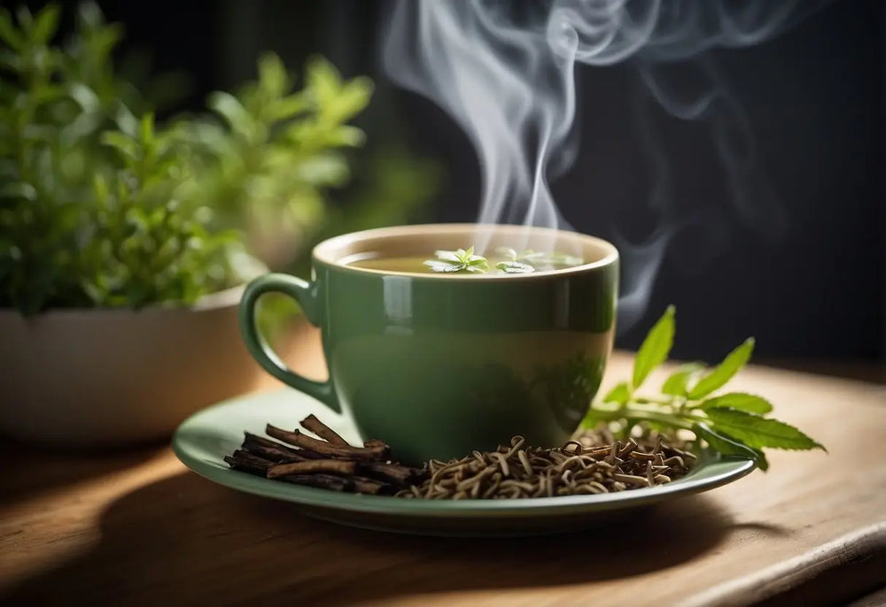 Steaming green herbal tea in a glass cup for Licorice Root Tea article