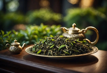Loose green tea leaves with golden teapots in an article about the most expensive tea in the world