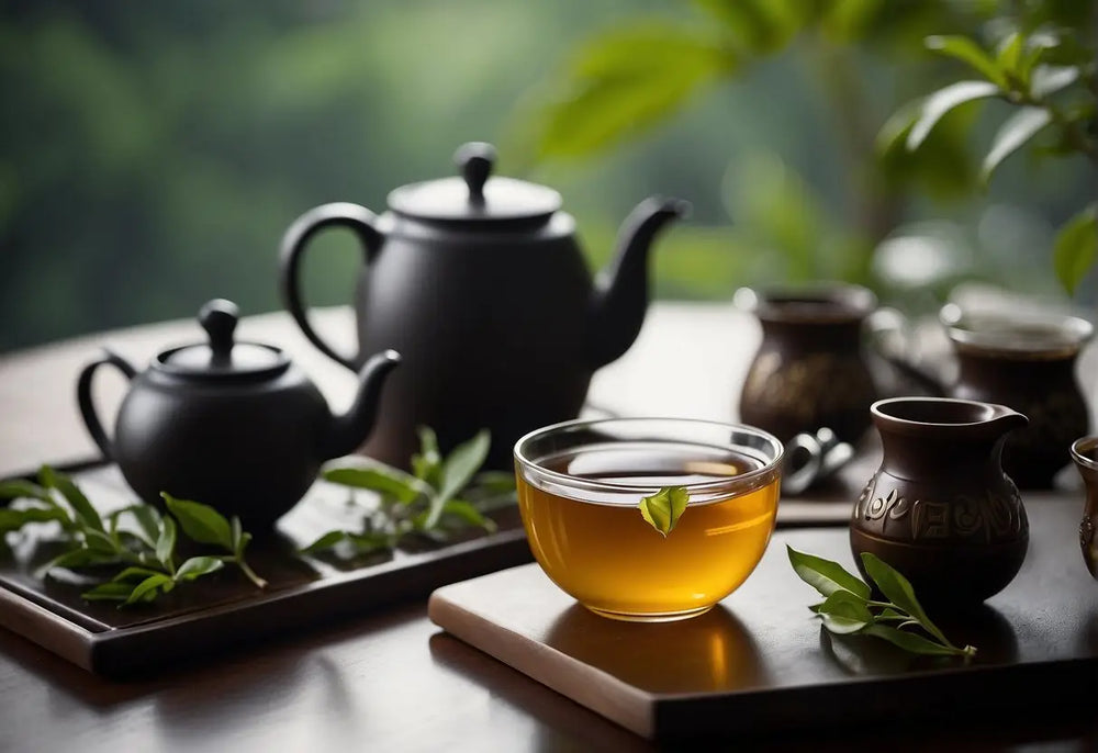 Tea service with teapots and cups for Oolong and Pu Erh tea tasting