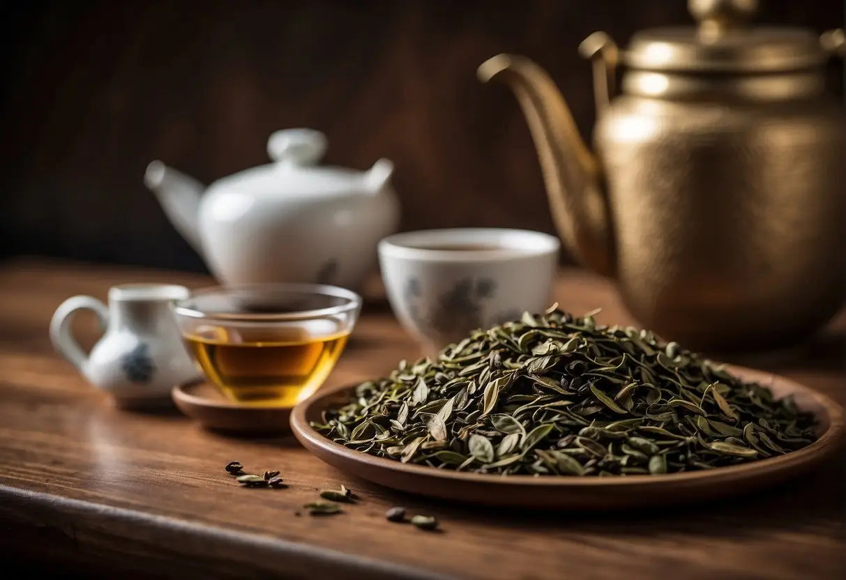 Tea service with loose Pu Erh tea leaves for a detailed review article