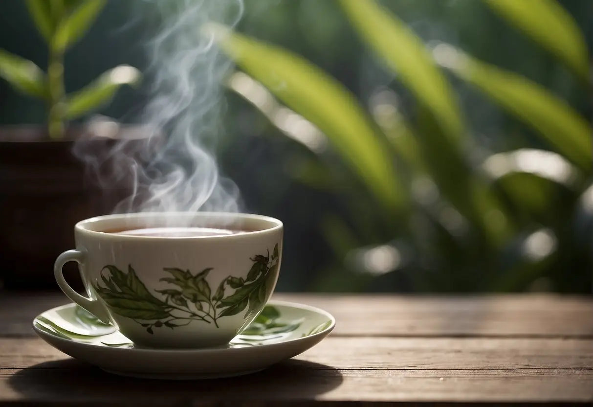 Steaming teacup with green leaf pattern in an article about Pu-erh tea pregnancy safety